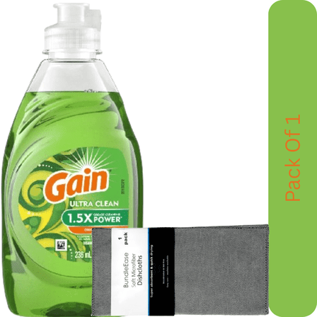 Gain Ultra Dishwashing Liquid Soap, Original Scent, 8 fl oz Small Bottle with Microfiber Solid Color Dishcloth by BundleEase