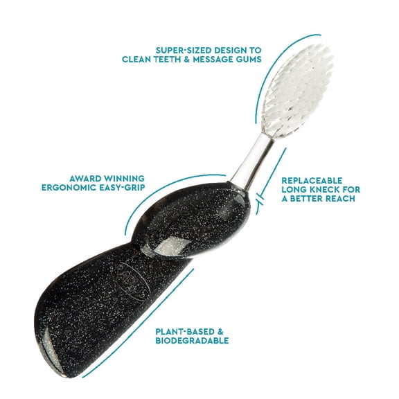 RADIUS Toothbrush Big Brush with Replaceable Head, Left Hand, Soft in Black Sparkle, BPA Free and ADA Accepted, Designed to Improve Gum Health and Reduce The Risk of Gum Disease