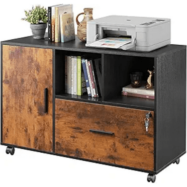 Lateral File Cabinet with Lock, 1-Drawer Rolling File Cabinets on Wheels for Home Office, Wood Printer Stand with Open Storage Shelf, Rustic Brown