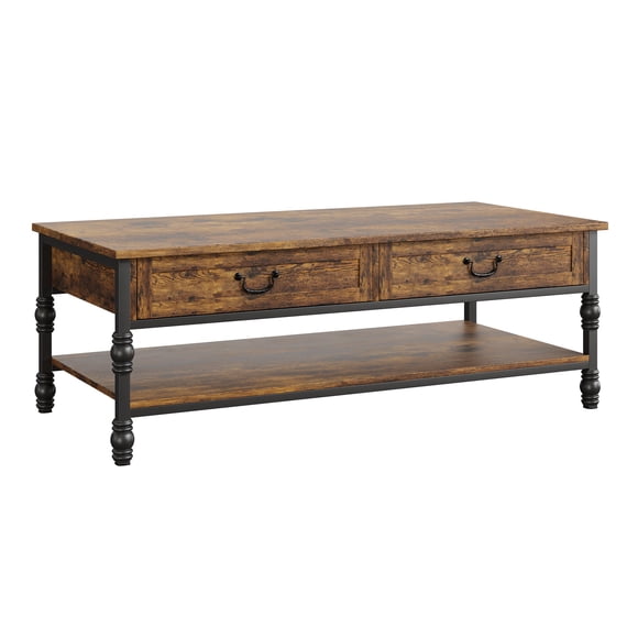 Mesa de centro rectangular de madera 104 cm - 2 cajones y estante - Diseño clásico con patas metálicas - Fácil montaje - Para salón, oficina o apartamento - Color clásico