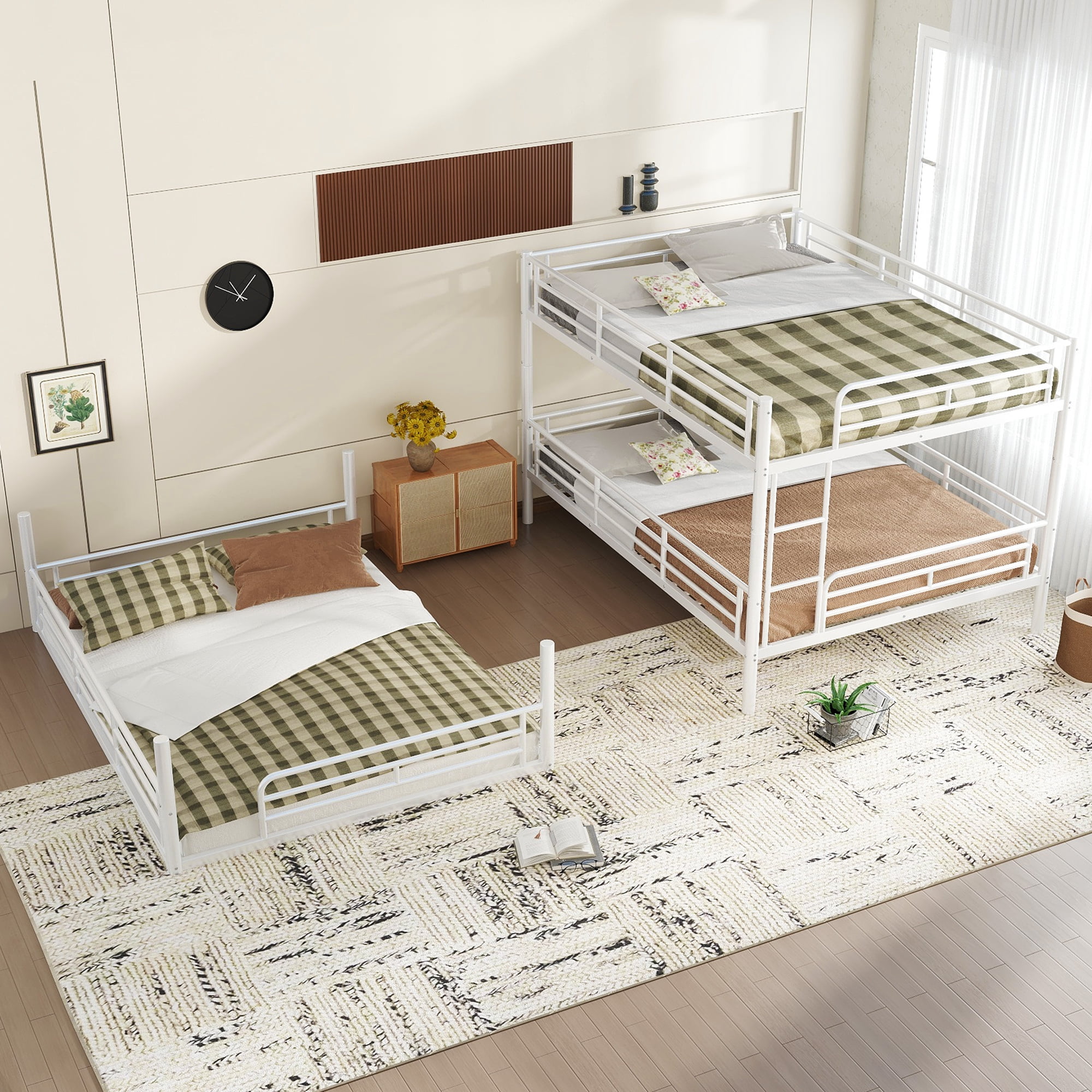 Leumius Queen over Queen over Queen Bunk Bed,Metal Triple Bunk Bed for 3 Kids/Teens,Heavy Duty Triple Bed with Guardrail and Ladder,Separates Into 3 Queen Beds,White