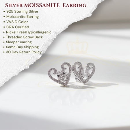 King of Bling's Men/Women Stud 925White Silver Heart Baguette Earrings 1.00ct VVS D Moissanite