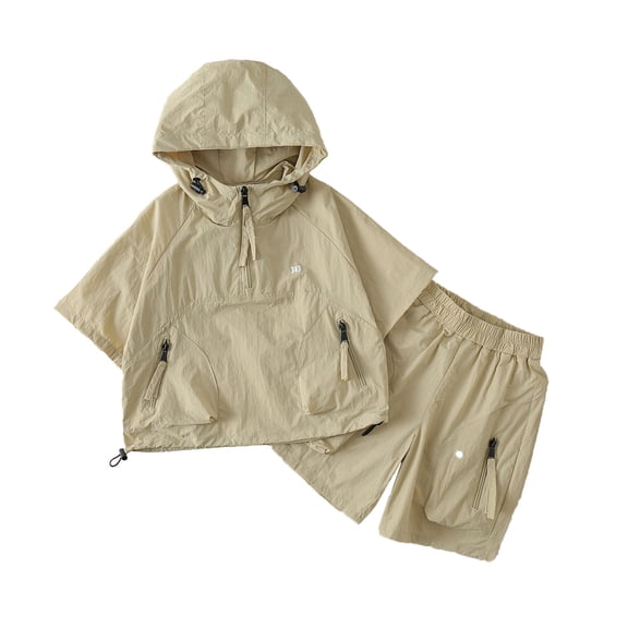 LIIPEE Boys Outfit Sets Summer Casual Lightweight Solid Color Short Sleeve Hooded Zipper Pullover Pockets Shorts 2 Piece Set Children Kids Outdoor Stylish Comfortable Sports Outfits,110