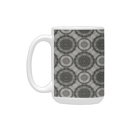 

Grey Antique Artistic Pattern with Ornamental Flowers Traditional Damask Pattern es Grey Black White Ceramic Mug (15 OZ) (Made In USA)