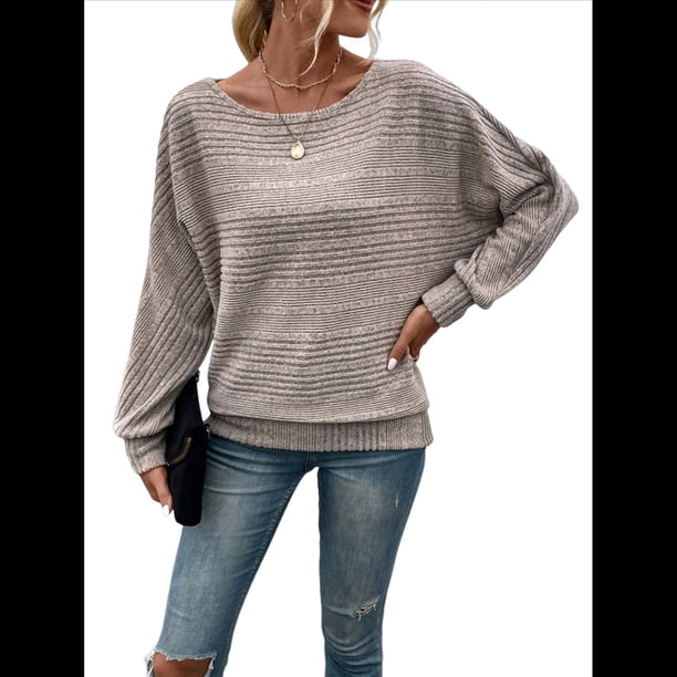 Blusas de Larga Suaves para Mujer, Cuello Redondo, Estilo Jersey, Estilo Informal de Negocios, de Punto con Mangas Murciélago, Conjuntos Oversize 2025 Gris XXXL