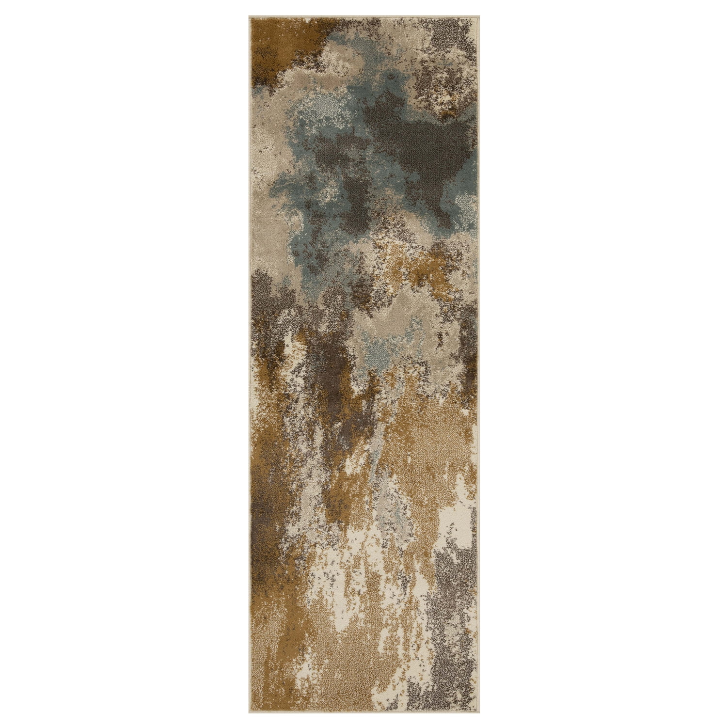 Camel and Blue Abstract Synthetic Runner Rug, 2'7" x 8'