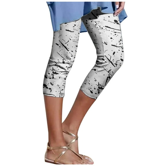 Jalioing Womens Yoga Capri Leggings Elastic Rise Drawstring Capris Fashion Printed Casual Tight Pant (X-Large, White)