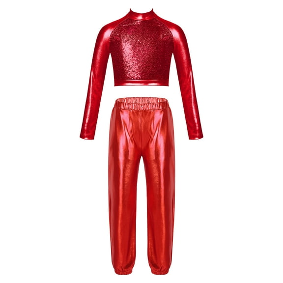 TiaoBug Kids Girls Jazz Street Dance Hip Hop Activewear Sequins Crop Top And Pants Sport Workout Outfit Red 12