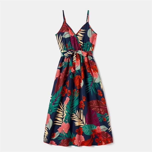 PatPat Mom and Daughter Matching Sleeveless Hawaiian Beach Dresses, Baby Romper Included
