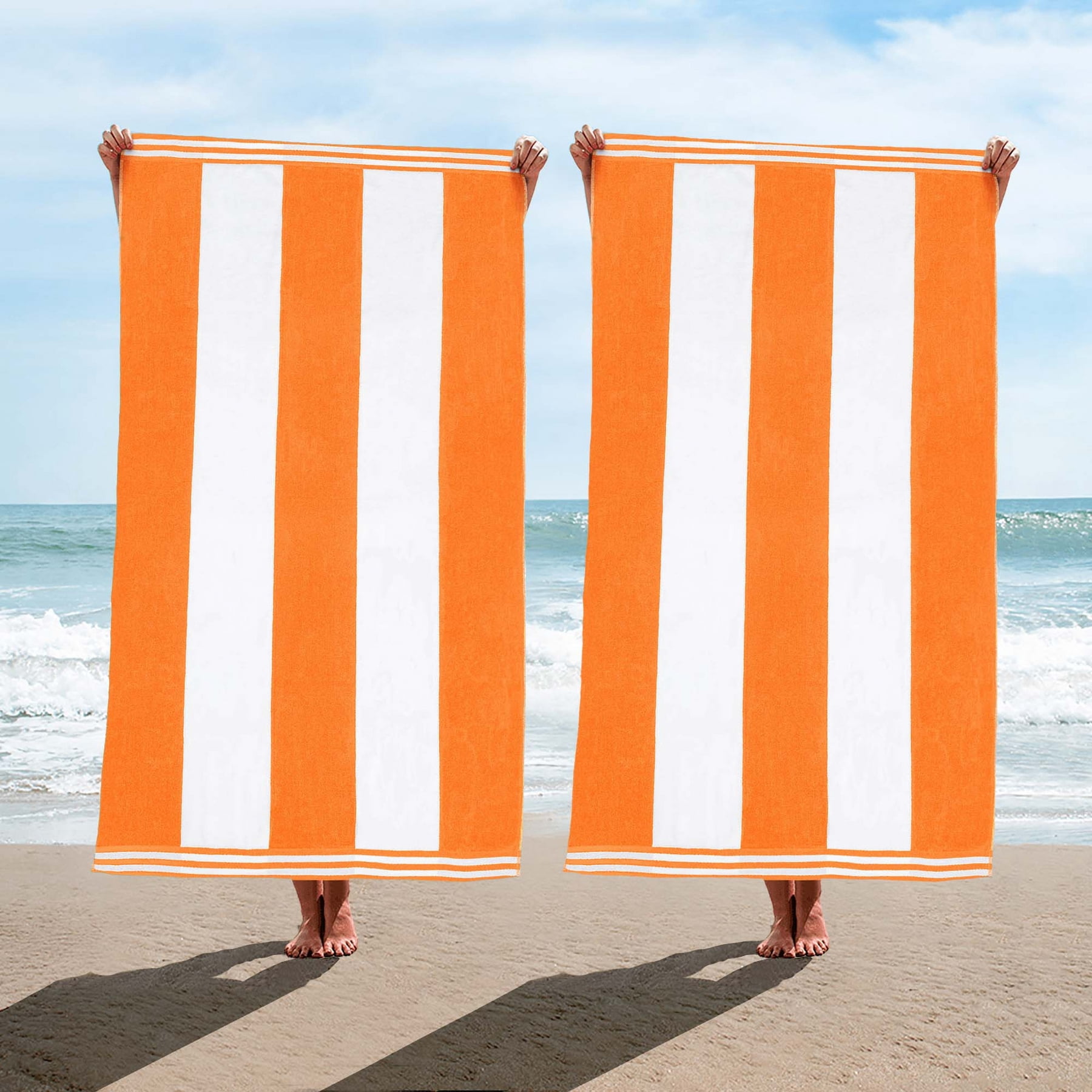 Superior Cabana Striped 2-Piece Oversized Cotton Beach Towel Set, Orange