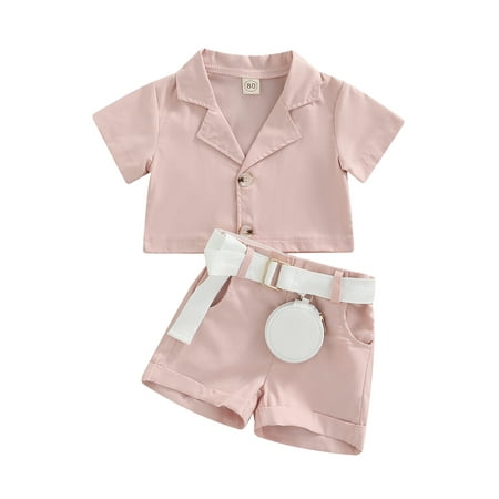 

LWXQWDS Toddler Girls Short Sleeve Button Down Lapel Blouse Tops Shorts Pants Belt Bag