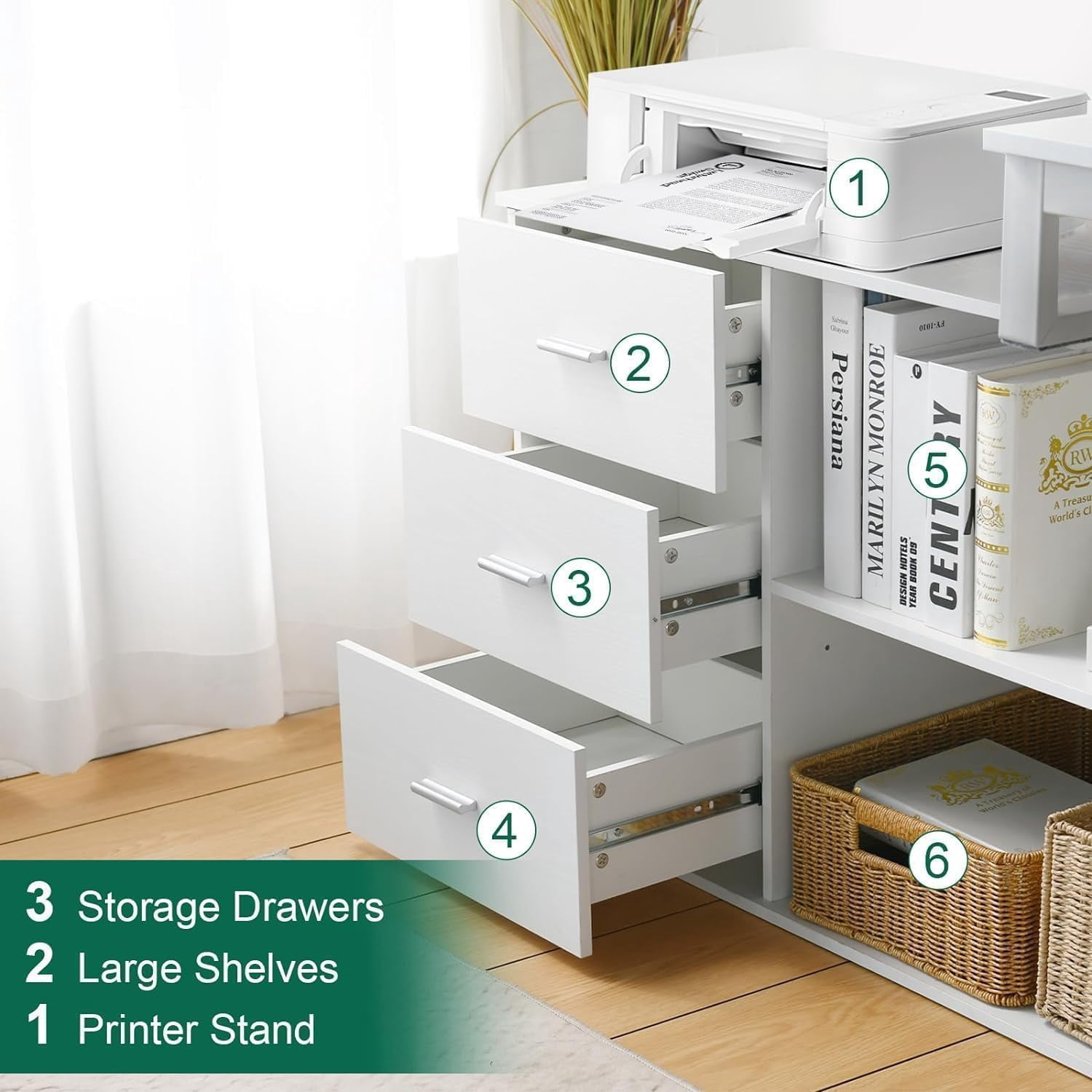 DreamCurship 55 Inch White Reversible L Shaped Desk with 3 Storage Drawers, Computer Desk with Shelves and Monitor Stand, Corner Desk for Small Spaces, White