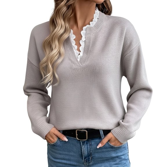 Winter Sweaters for Women Elegant Winter Knit Pullover Sweater With Lace Trim Neck Long Sleeve Casual Loose Fit Top For Fall Season Comfortable Soft Yarn Fashion Apparel Christmas Sweaters