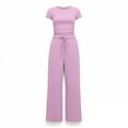 thumbnail image 3 of Two Piece Sets for Women Summer Casual Outfit Sets Solid Color Button Down Round Neck Short Sleeve Tops and Drawstring Wide Leg Pants with Pocket Sets Relaxed Vacation Wear, 3 of 9