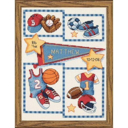 UPC: 0088677732561 | Dimensions® Little Sports Birth Record Counted Cross-Stitch Kit