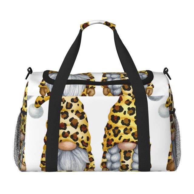 Fotbe Leopard Gnomes Bolsa de Viaje con Estampado, Bolsa de Fin de Semana para Mujer con Compartimento para Zapatos, Bolsa de Gimnasio con Bolsillo Húmedo