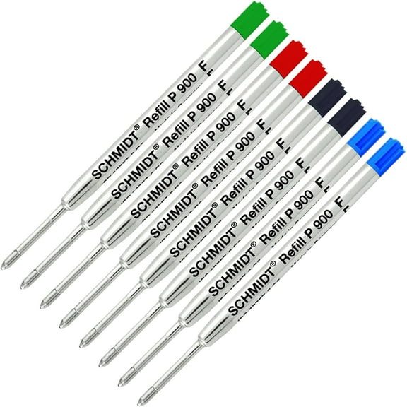 Schmidt P900 Black, Blue, Green, Red Parker Style Ballpoint Refill, Fine Tip 0.6mm - Pack of 8