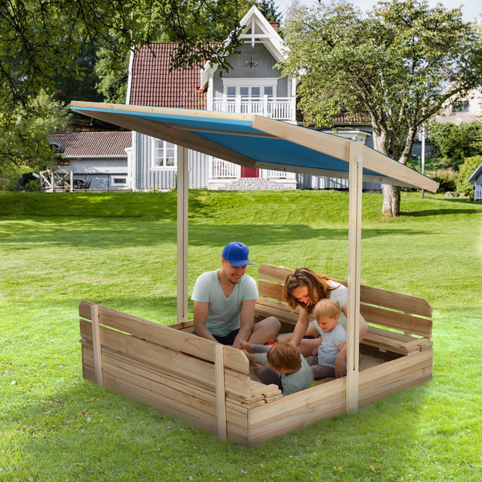 Outside Sandbox Toy Cover Canopy Wooden Bench Kids Sandpit Backyard Playhouse 