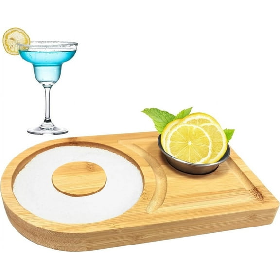 Bamboo Drink Tray with Bowl,1 Pack Bamboo Salt Rimmer Set,Cocktail Glass Edge Decoration Set,Bartender Tool for Cocktail,Bar Seasoning Supplies