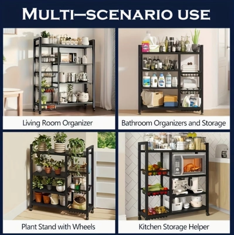 4-Tier Metal Heavy Duty Kitchen Rack, Mobile Utility Service Cart Kitchen Organizer Shelf with 3 Baskets, Organizer Shelves Storage Rack for Kitchen Garage