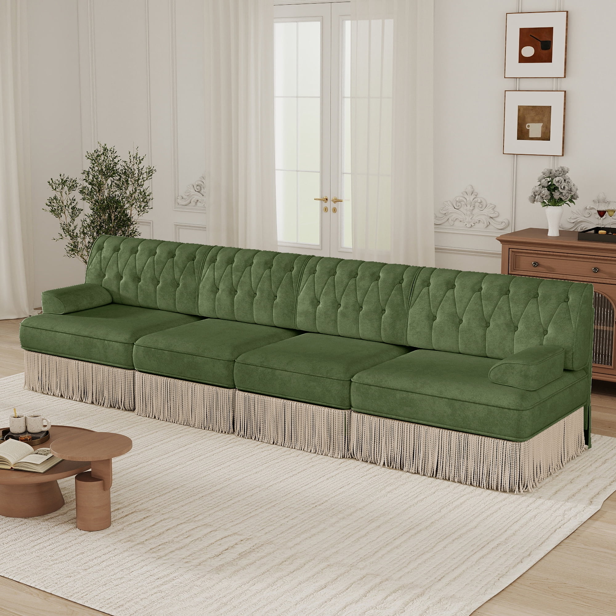 MAYEERTY 135 Inch Chesterfield Sofa, 4-Seater Modular Couch with Tassel, Solid Wood Base for Living Room Home Lounge Space