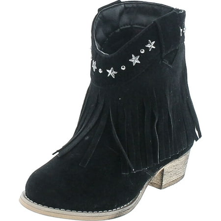 

I YOKIDS CECE-65K Girl s Modern Studded Fringe Cowboy Chunky Ankle Bootie Black 2