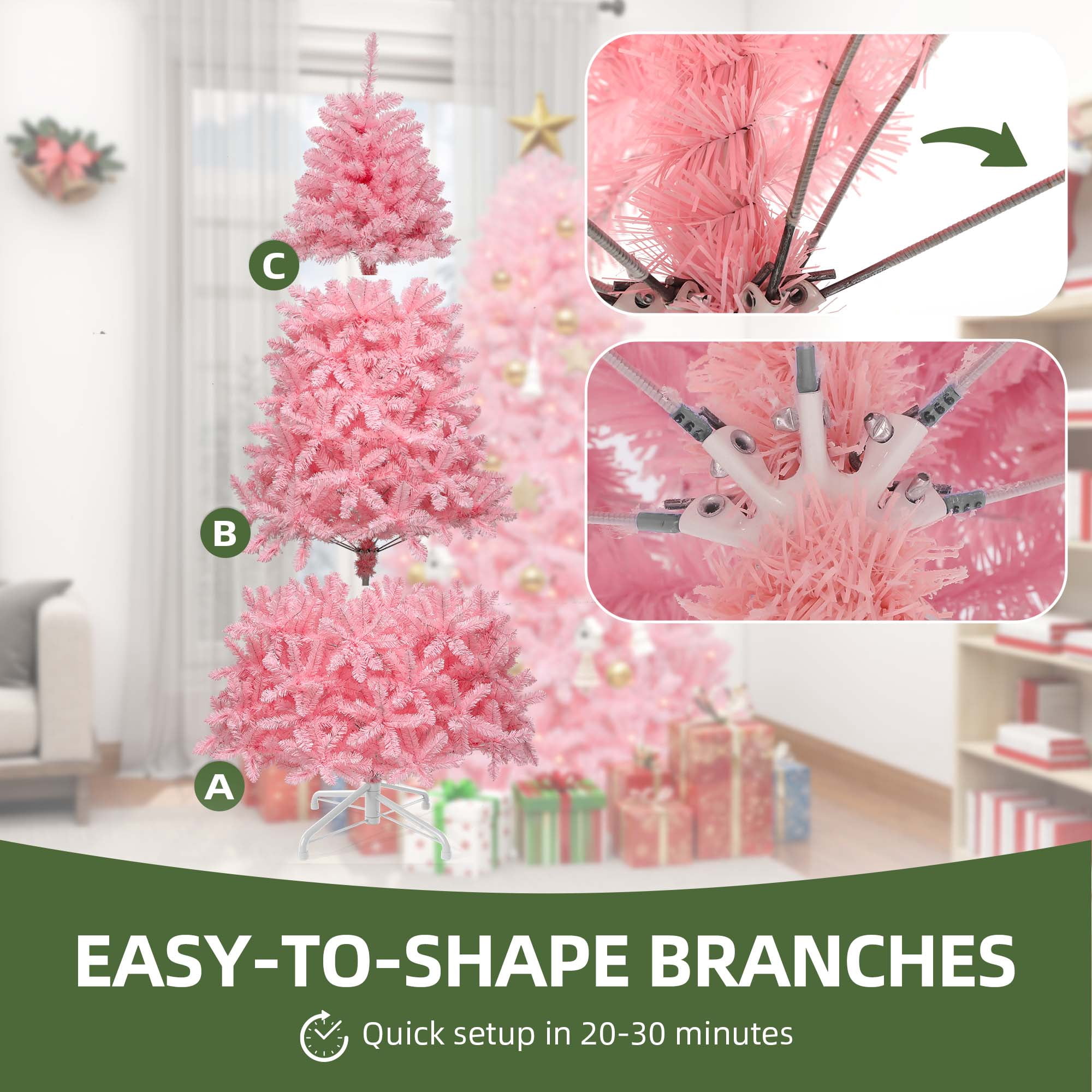 Uforic 6ft Pre-lit Spruce Artificial Christmas Tree with 947 PVC Tips & 250 Lights, Pink