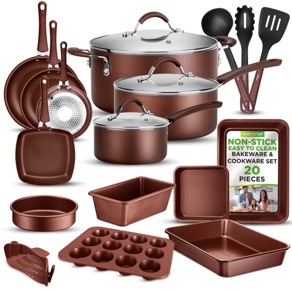 NutriChef Juego de utensilios de cocina y utensilios para hornear profesionales para el hogar, 20 piezas, ollas y sartenes, utensilios de cocina antiadherentes, asas de tacto frío, seguro para cocinas