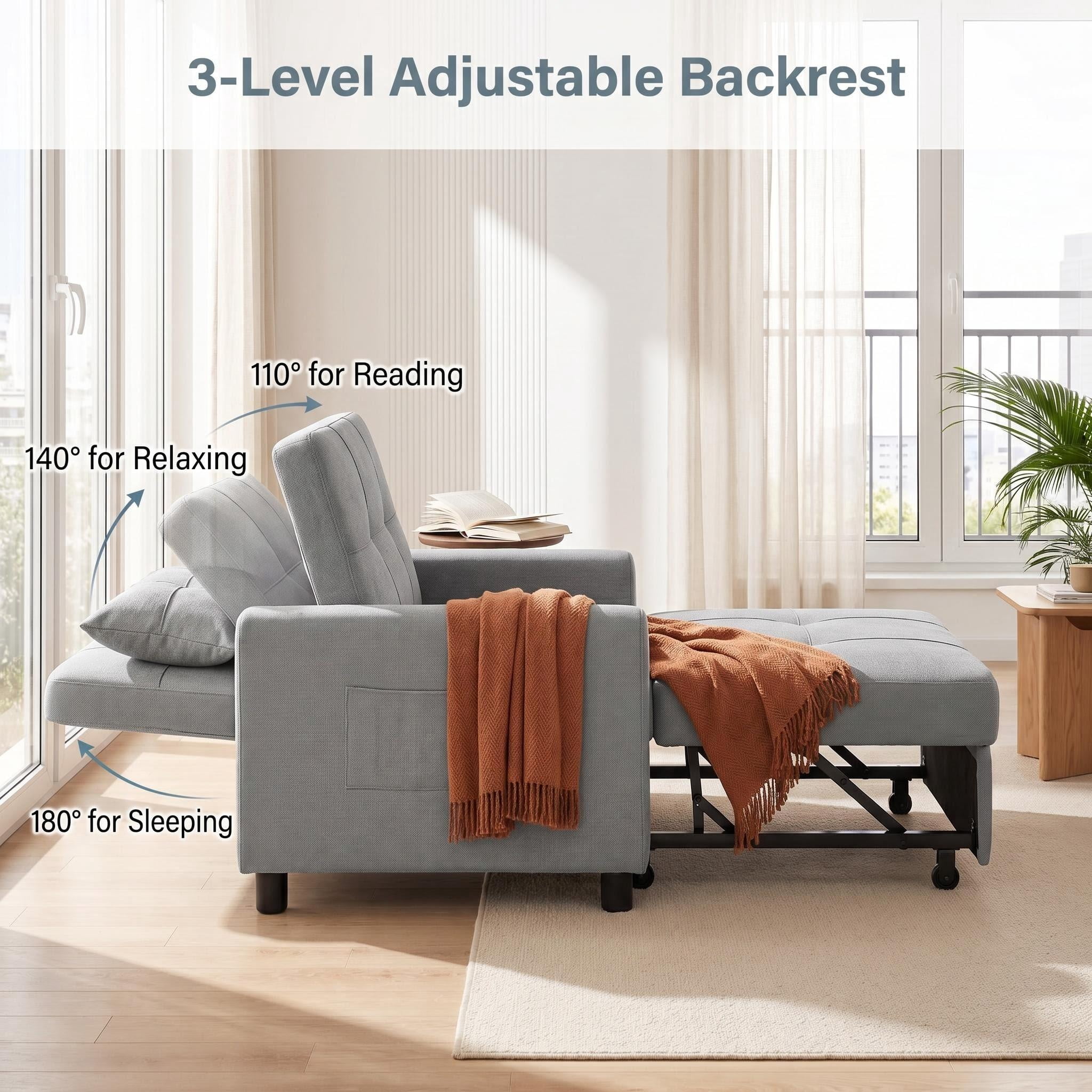 Sleeper chair Bed, Lofka Convertible Futon Sofa Bed with Pull Out Couch and Adjustable Backrest for Living Room, Light Gray
