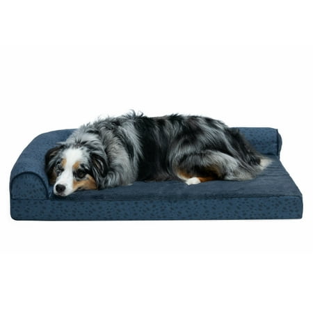 UPC: 0842229128130 | FurHaven Pet Products Plush Fur & Almond Print Cooling Gel Memory Foam Deluxe L-Chaise Pet Bed for Dogs & Cats – Blue Almonds Large