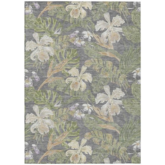 HomeRoots 618403 8 x 10 ft. Gray, Beige & Olive Green Botanical Leaves Washable Indoor & Outdoor Rectangle Area Rug