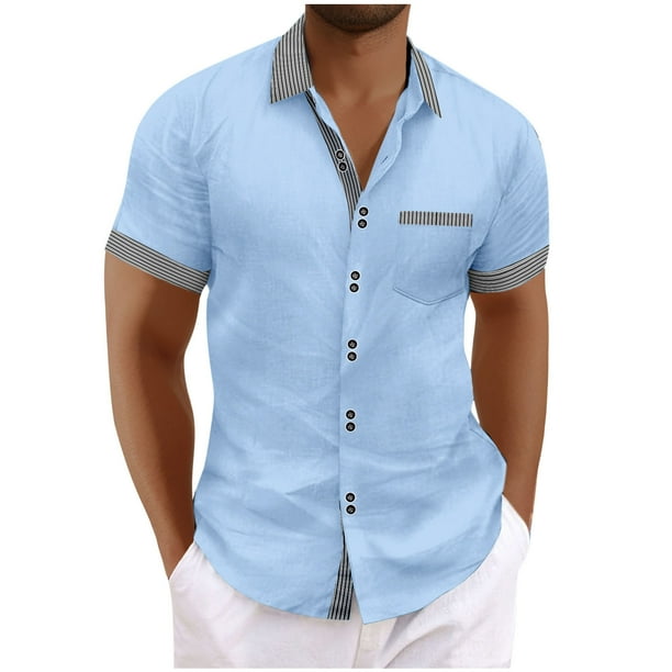 Mens Manga Corta Botón Abajo Camisas Bolsillo de Cuello Turndown de Negocios, Moda Algodón/Blusa de Mezcla de Lino