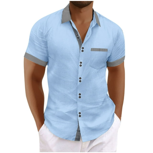 Mens Manga Corta Botón Abajo Camisas Bolsillo de Cuello Turndown de Negocios, Moda Algodón/Blusa de Mezcla de Lino