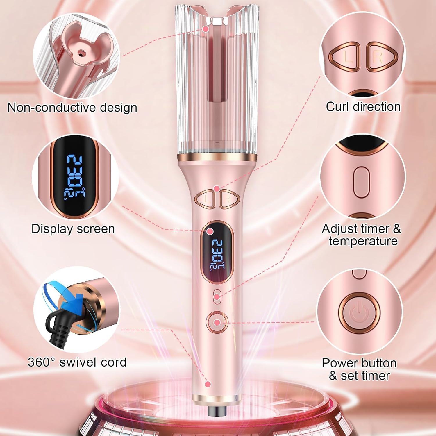 Automatic Hair Curler with 4 Temperature Settings, Auto-Rotating Ceramic Curling Iron with LCD Display, Anti-Tangle & Anti-Scald Design
