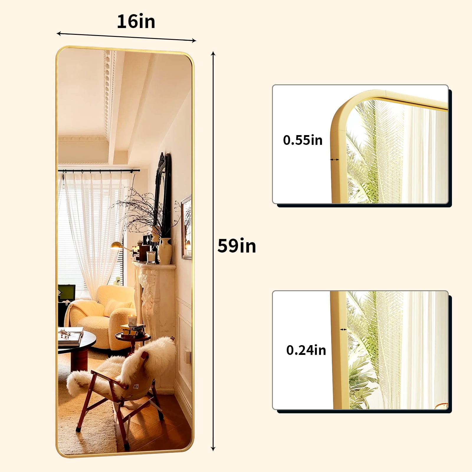 Mistory 59"x16" Full Length Mirror Rounded Corner Floor Mirror with Metal Frame, Gold
