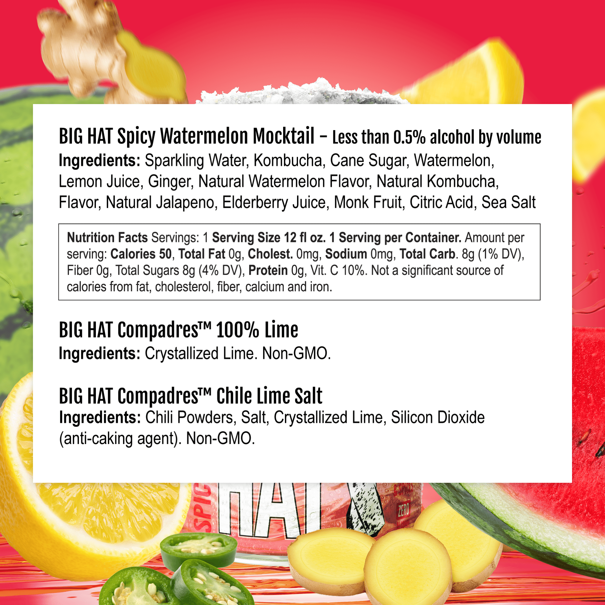 BIG HAT Spicy Watermelon Mocktail, Non-Alcoholic 4 Pack, 12 fl oz Cans