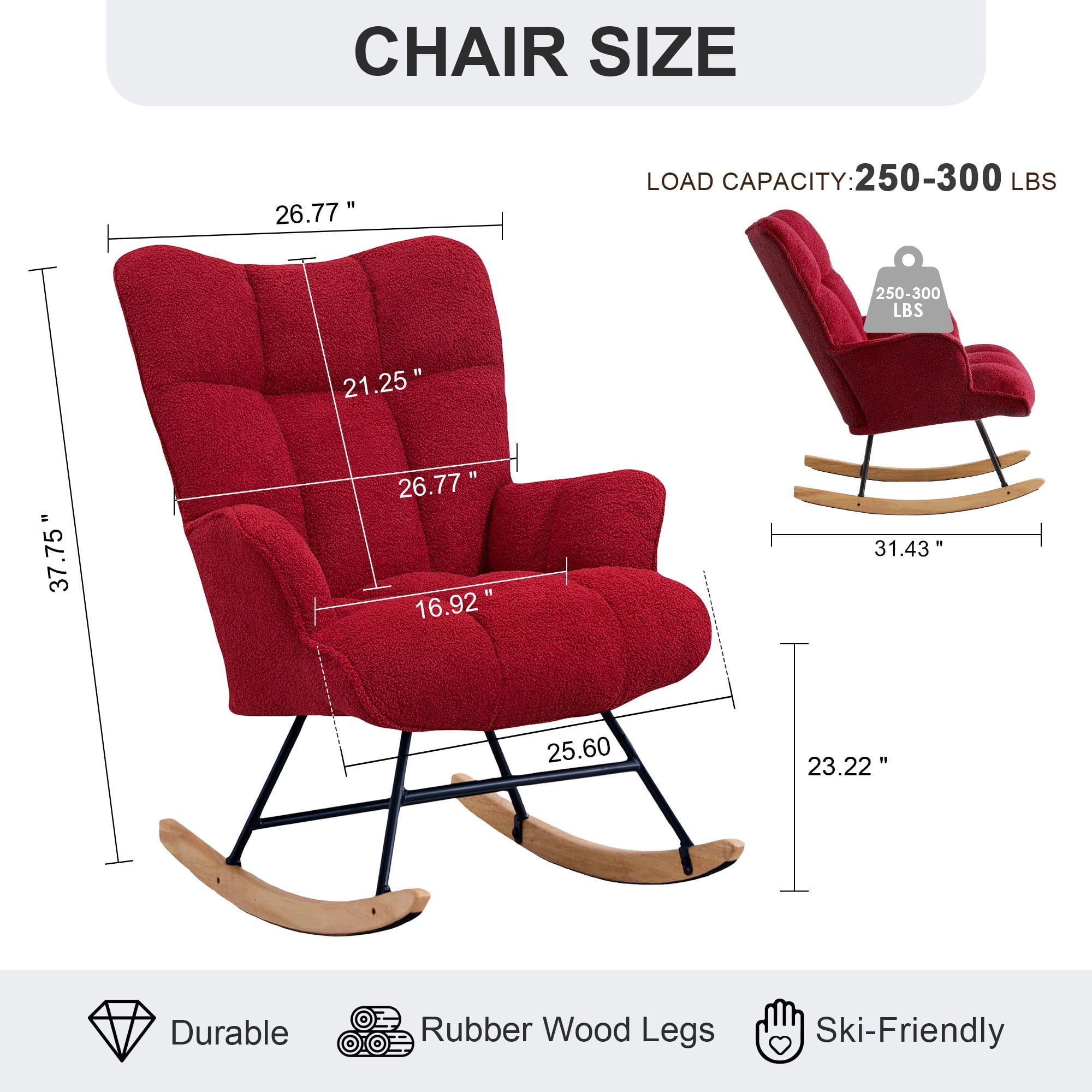 SAETSFEG Rocking Chair Nursery Teddy Upholstered Glider Rocker Rocking Accent Chair Padded Seat with High Backrest Armchair Comfy Side Chair for Living Room, Bedroom, Burgundy
