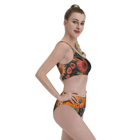 Goofa Sunflower Black Dog Pattern High Waisted Bikini Set - Two Piece Swimsuit for Women  Summer Bathing Suit Trendy Swimwear-Small