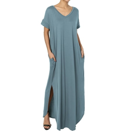 TheMogan Women's PLUS Viscose Jersey V-Neck Short Sleeve Relaxed T-Shirt Maxi Dress