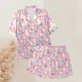 thumbnail image 5 of Yuncity Easter Womens Pajamas Silk Satin Rabbit Egg Print Short Sleeve Button Down Shirt Shorts Pjs Loungewear Sleepwear Beige Xl, 5 of 5