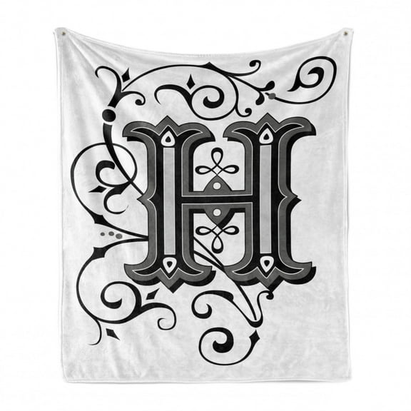 Letter H Soft Flannel Fleece Blanket, Calligraphy Elements in Uppercase Letter H Design from Middle Ages Artwork, Cozy Plush for Indoor and Outdoor Use, 50" x 60", Black Grey White, by Ambesonne