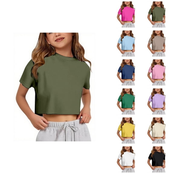 Girls T Shirts Summer Short Sleeve Crewneck Plain Y2k Cropped Tops 5-14 Years