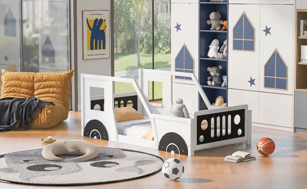 Twin Size | Fun Car Design Bed on Wheels & MDF Frame - White
