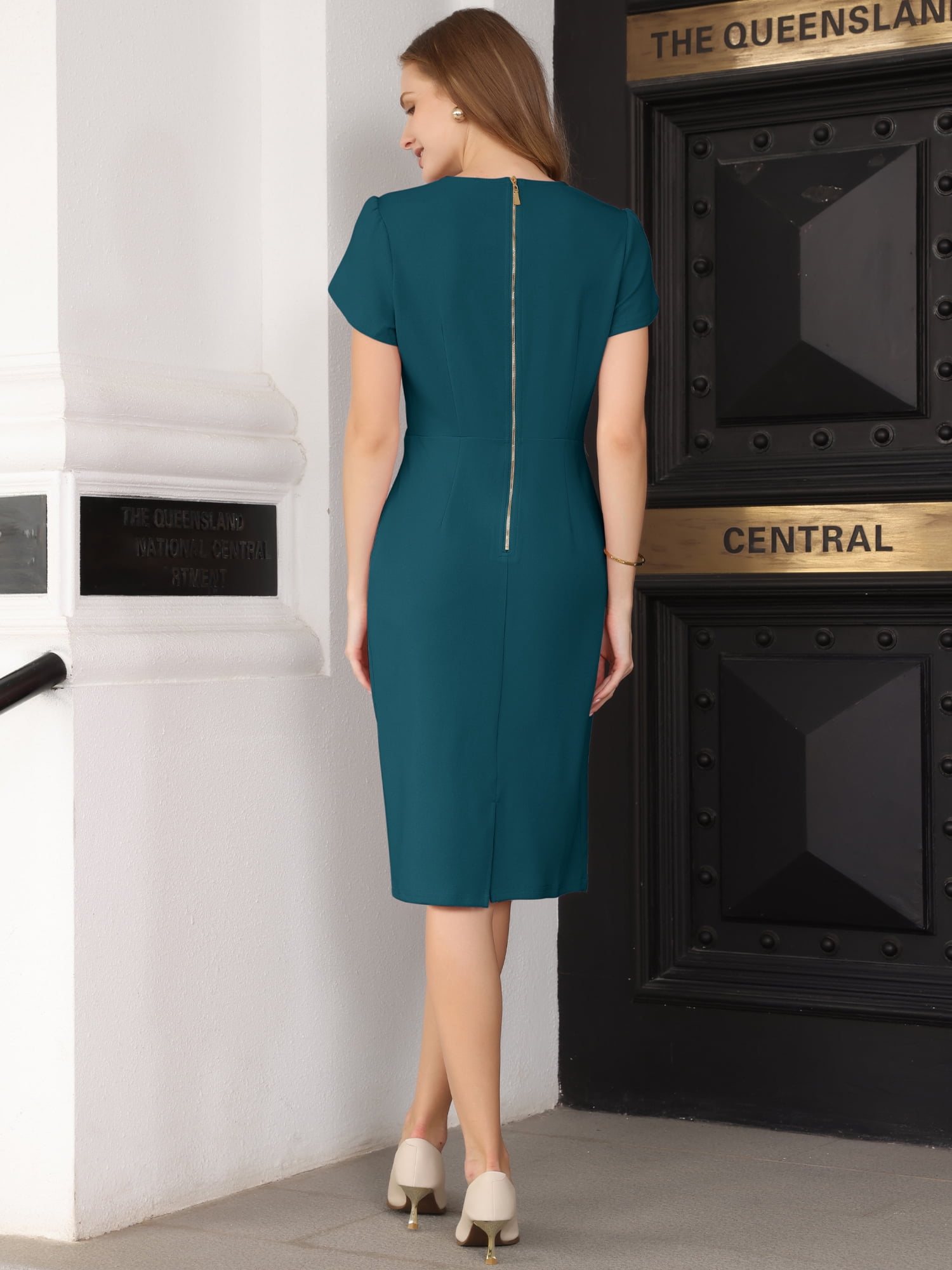 DARING DIVA Women's Sheath Petal Sleeve Elegant Pencil Dress M Lake Green