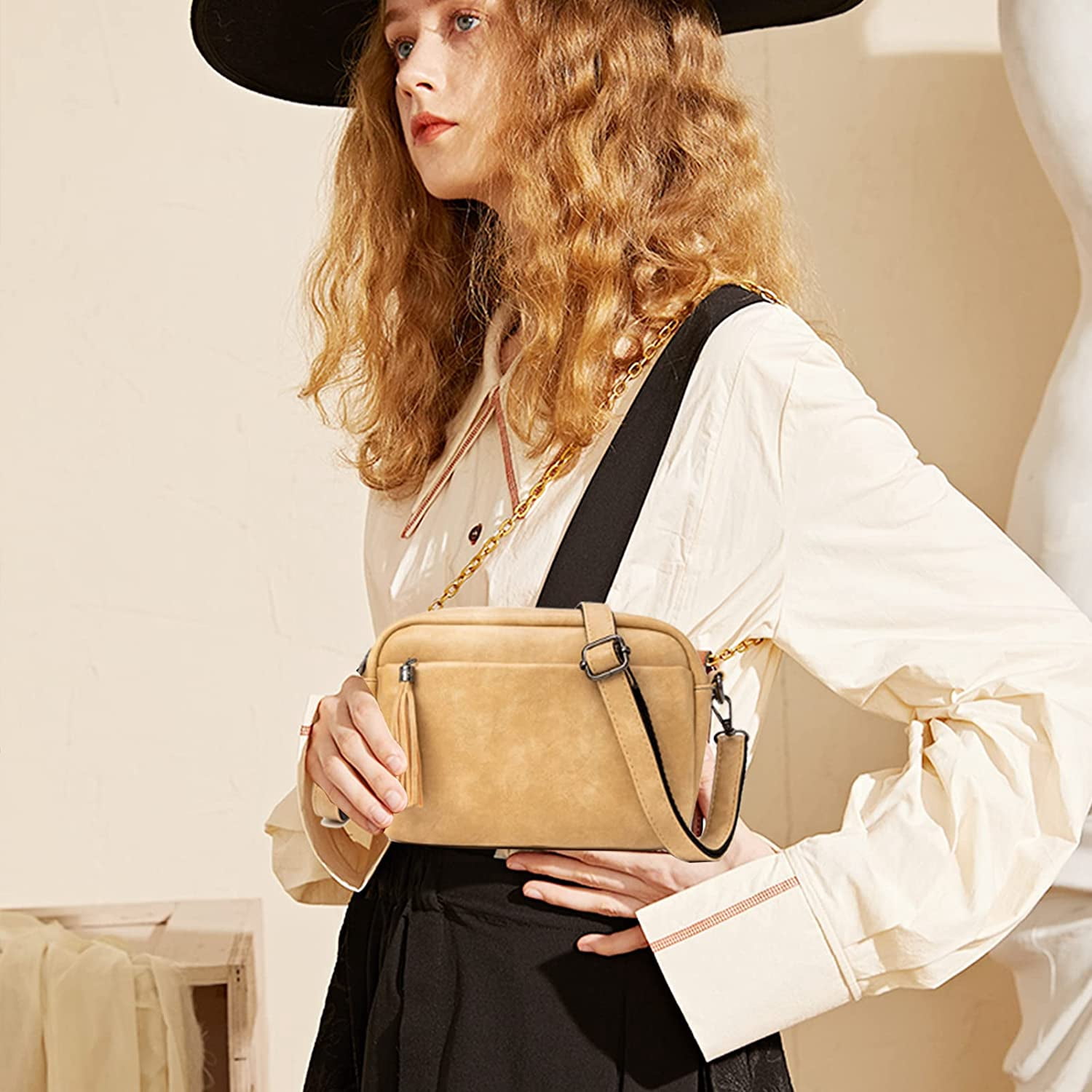 Lightweight Medium Crossbody Bag for Women, Camera Shoulder Purses Pocketbooks with Tassel and Triple Zipper Pocket
