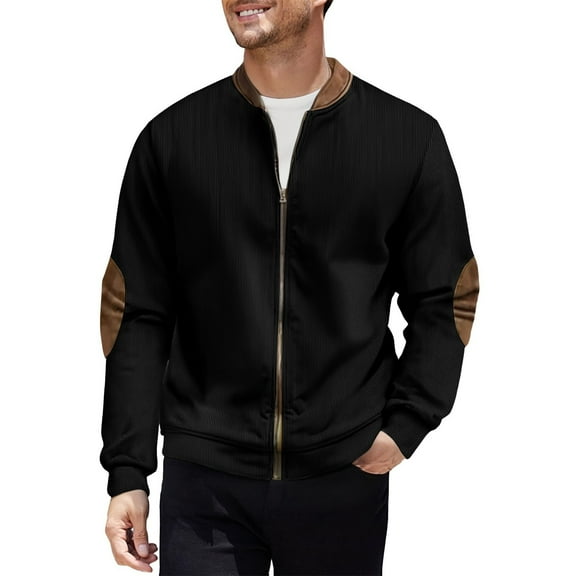 SYMOID Men's Stretch Cotton Bomber Jacket - Full-Zip, Faux Leather Elbow Patches, Ribbed Cuffs/Collar, Casual Spring/Fall Outerwear, Size 2XL, Black