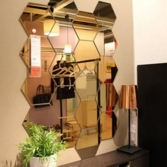 12Pcs DIY Wall Sticker Hexagol 3D Mirror Self Adhesive Plastic Mirror Tiles for Home Decor
