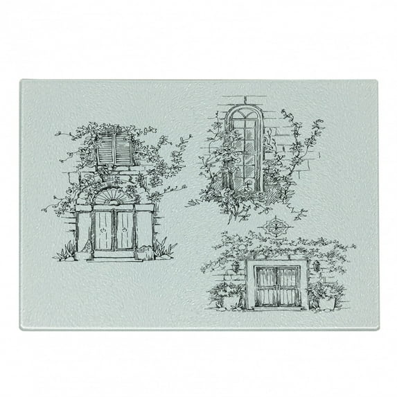 City Old Houses Cutting Board, Sketch of an Old Street with Windows Illustration Made in Vintage Style, Decorative Tempered Glass Cutting and Serving Board, in 3 Sizes, by Ambesonne