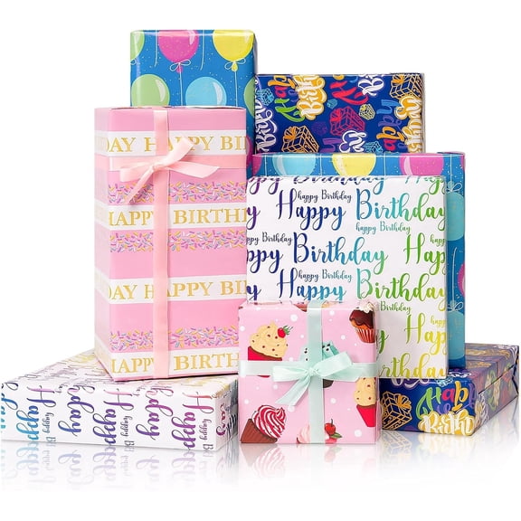 Happy Birthday Wrapping Paper Set - 5 Sheets Gift Wrap and 5 Ribbons for Girls Boys Women Men, 20" x28"