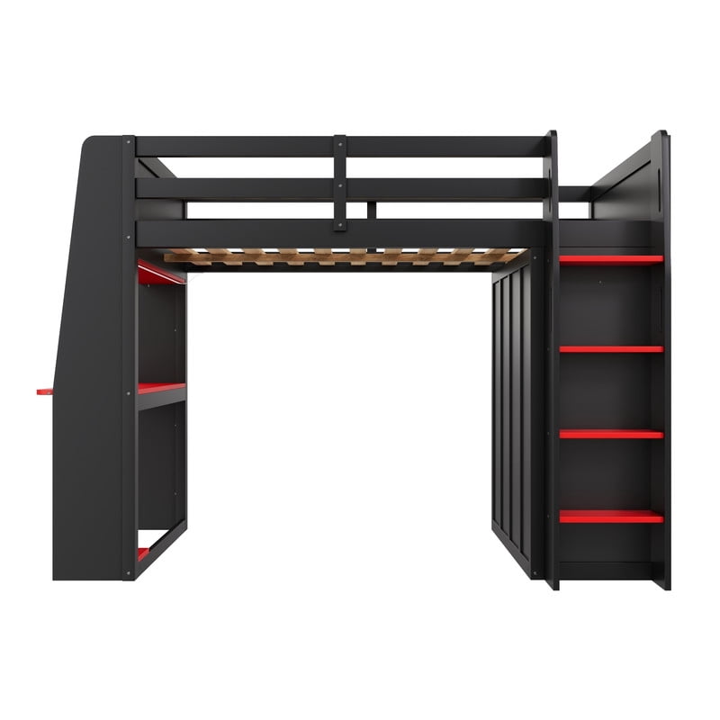 Full Size Wooden Loft Bed with Built-in Desk & Charging Station, Kids Storage Bed Frame with LED Light & Double Door Wardrobe